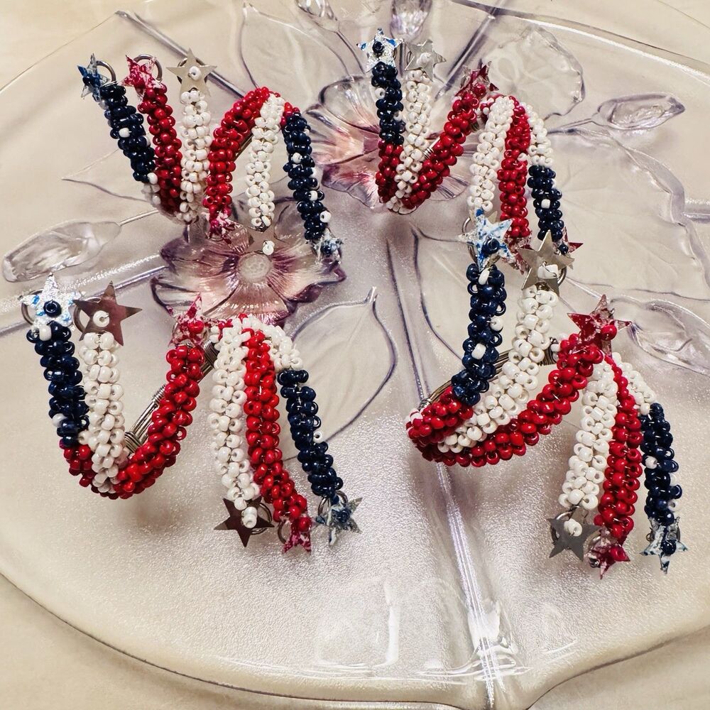 4pc Patriotic Beaded Napkin Rings – Red White Blue Wire Wrapped USA Flag Stars